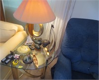 Glass top stand, lamp, misc. items on it