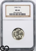 1945-P Jefferson Nickel, NGC MS66 Price Guide: $50