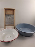 2 enamel pans and a washboard