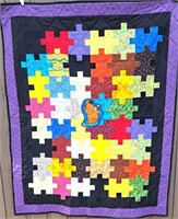 COLORFUL HAND SEWN SCRAP PUZZLE QUILT 48" X 62"