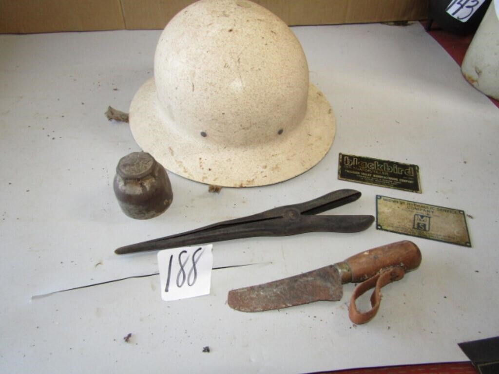 HARD HAT, BROOM CORN KNIFE, SIMMONS GLOVES TOOL