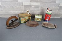 VINTAGE TINS & SAD IRONS