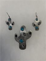 Sterling Silver & Turquoise Brooch Earrings Set