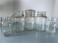 5 vintage clear glass Ball jars. 3 quarts