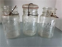 3 Clear glass Ball Jars with wire bails