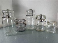 5 vintage Atlas glass jars some with wire