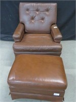 BROWN LEATHER ARMCHAIR & MATCHING FOOTSTOOL