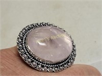 german silver & rose quartz cabochon ring sz 8