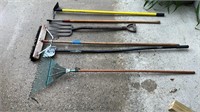 Yard and garden tools: rake, scraper, pushbroom,