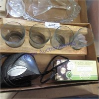 2 boxes assorted glass, electric clock, LED lights