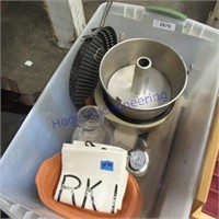 Tote w/ kitchen items, pots, pans