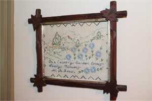 Framed embroidery 'In a Country Garden Grows