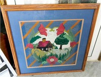 Framed Vintage Needlepoint Cabin/Flowers