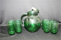FOREST GREEN "ROLLY POLLY" PITCHER AND 8 GLASSES