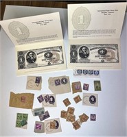 Various  Old Stamps and Copy of Treasury Note