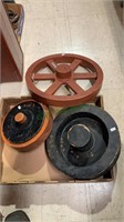 Three vintage wooden wheel cog pieces, hand