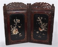 Japanese Shibayama 'Chick & Rooster' Carved 2-Pane