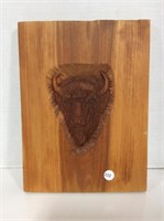 Bison Head Carved into Wood 12 x 9 "