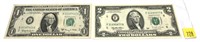 Lot, 2 Federal Reserve notes: $1 and $2