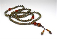 Chinese jadeite & cinnabar lacquer beaded necklace