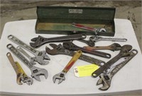 Assorted Adjustable Wrenches w/Metal Tool Box