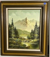 Oil On Canvas Mountain Scene - Signed