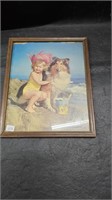 Vtg Litho Little Girl with A Collie