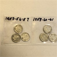 SILVER Roosevelt Dime Lot x 6 1953-1961