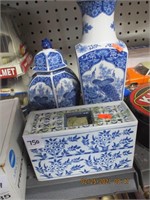 3 Pcs. of Blue & White Pottery-Ginger Jar,Vase &