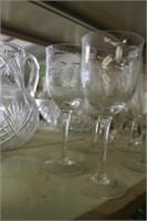 LOT OF ETCHED GLASS WINE GLASSES