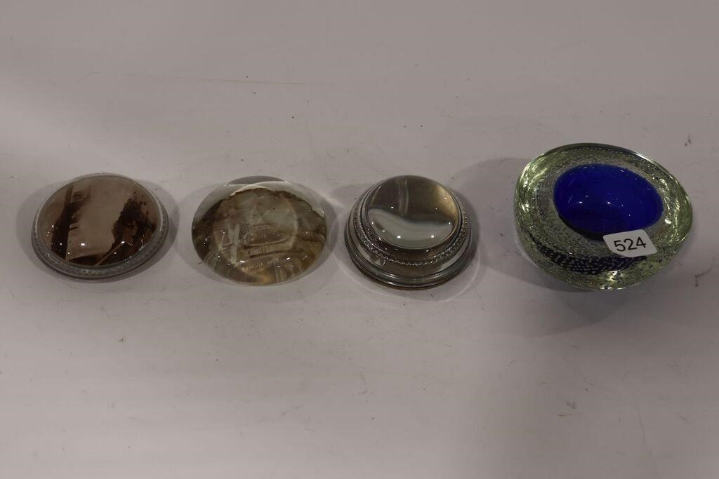 EARLY GLASS PAPER WEIGHTS AND ART GLASS CANDY DISH