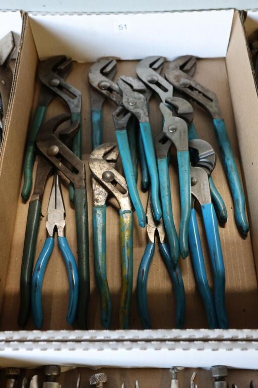 BOX OF CHANNEL LOCKS & NEEDLE NOSE PLIERS