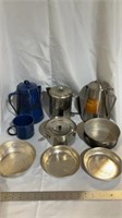 Camping coffee pots, cups small pans