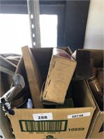 BOX OF VINTAGE TOOLS, ROUTER, LEVEL ETC.