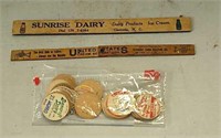 Milk bottle caps and advertising rulers