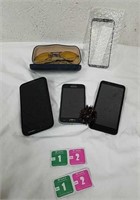 Three cell phones, cell phone screen protector,