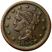 1854 Braided Hair Large Cent LIGHTLY CIRCULATED