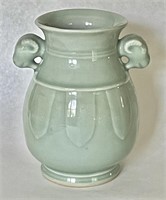 Chinese Longquan celadon green vase w/ram heads