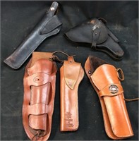 5 LEATHER PISTOL HOLSTERS, 1 GERMAN LUGER HOLSTER