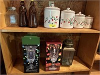 Canisters, syrup bottles, lantern, misc