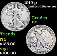 1919-p Walking Liberty Half Dollar 50c Grades f, f