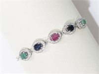 Sterling Silver Emerald, Sapphire, Ruby, Bracelet