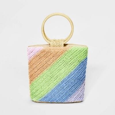 Girls' Striped Paper Straw Tote Bag