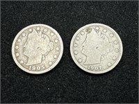 Antique Pair of 5C Liberty V Nickel Coins