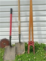 2 shovels, post hole diggers