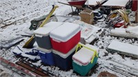 5 - COOLERS, BLOW UP RAFT & 2 ORRS