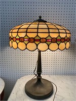 Leaded Art Glass Table Lamp With Brass Base