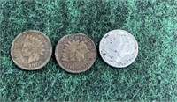 1943 mercury dime - 2 Indian head pennies