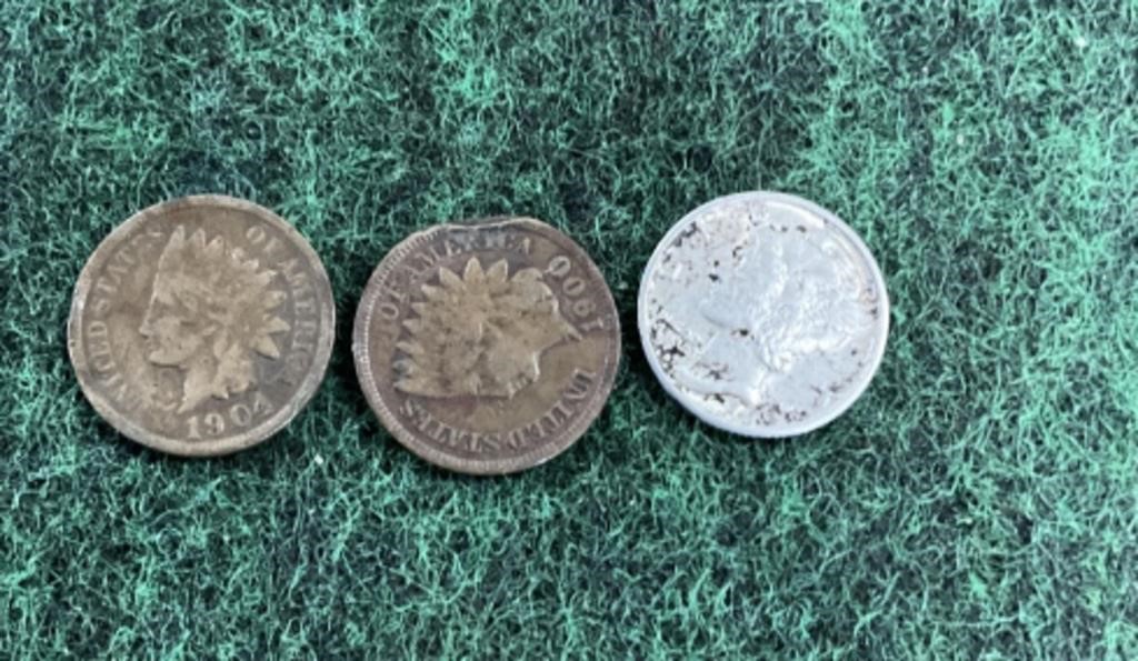 1943 mercury dime - 2 Indian head pennies