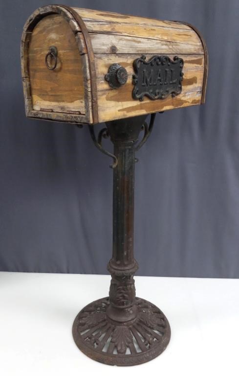 Folk Art Wood Mail Box with Cast Iron Pedestal